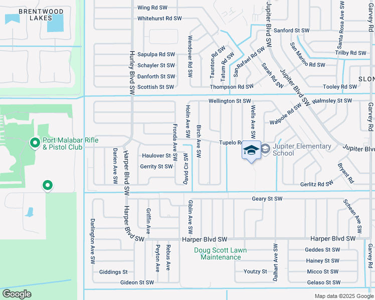 map of restaurants, bars, coffee shops, grocery stores, and more near 506 David Circle Southwest in Palm Bay
