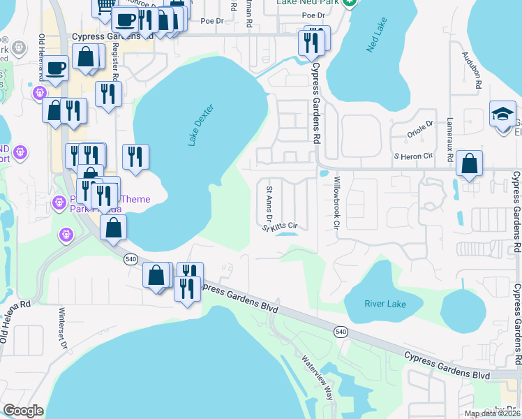 map of restaurants, bars, coffee shops, grocery stores, and more near 61 Saint Kitts Circle in Winter Haven