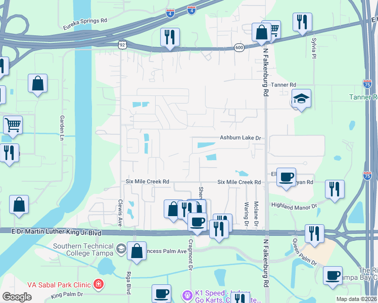 map of restaurants, bars, coffee shops, grocery stores, and more near 4511 Ashburn Square Drive in Tampa