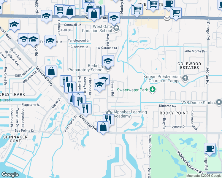 map of restaurants, bars, coffee shops, grocery stores, and more near 4708 Bessie Road in Tampa