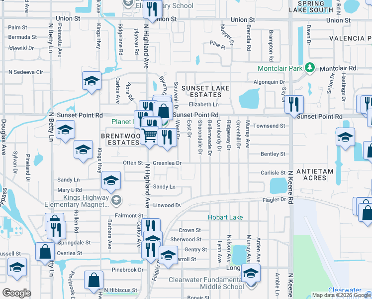 map of restaurants, bars, coffee shops, grocery stores, and more near 1816 East Drive in Clearwater