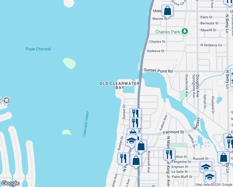 map of restaurants, bars, coffee shops, grocery stores, and more near 1826 Venetian Point Drive in Clearwater