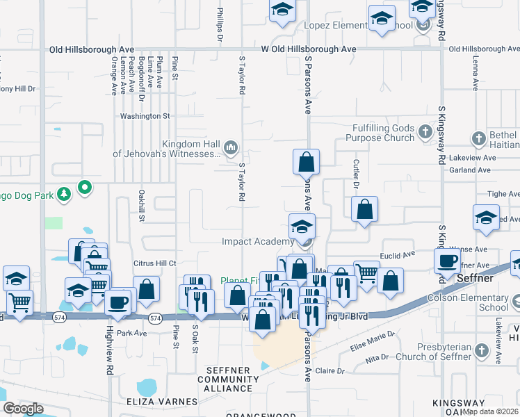 map of restaurants, bars, coffee shops, grocery stores, and more near 902 2 Houses Lane in Seffner