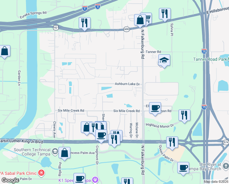 map of restaurants, bars, coffee shops, grocery stores, and more near 4607 Ashburn Square Drive in Tampa