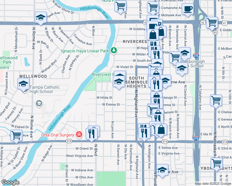 map of restaurants, bars, coffee shops, grocery stores, and more near 501 West Hilda Street in Tampa