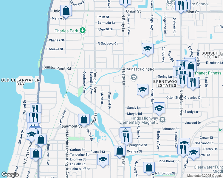 map of restaurants, bars, coffee shops, grocery stores, and more near 1833 Pineland Drive in Clearwater