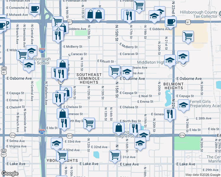 map of restaurants, bars, coffee shops, grocery stores, and more near 1402 East Palifox Street in Tampa