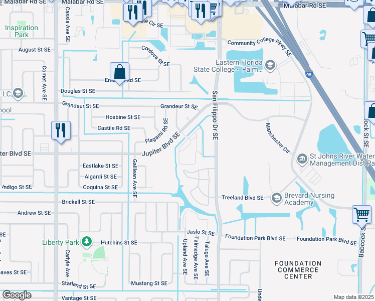 map of restaurants, bars, coffee shops, grocery stores, and more near 101 Treeland Boulevard Southeast in Palm Bay