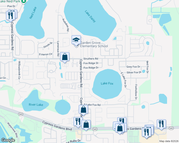 map of restaurants, bars, coffee shops, grocery stores, and more near 101 Village Court in Winter Haven