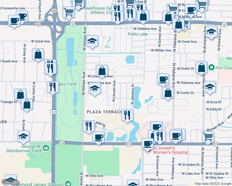 map of restaurants, bars, coffee shops, grocery stores, and more near 4601 North Lincoln Avenue in Tampa