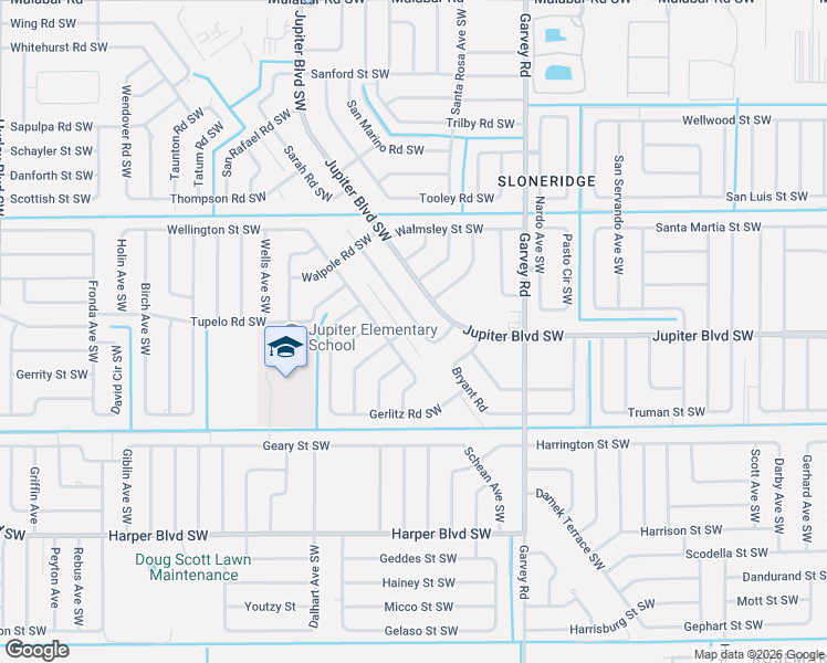 map of restaurants, bars, coffee shops, grocery stores, and more near 588 Topeka Road Southwest in Palm Bay
