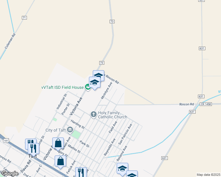 map of restaurants, bars, coffee shops, grocery stores, and more near 900 McIntyre Avenue in Taft