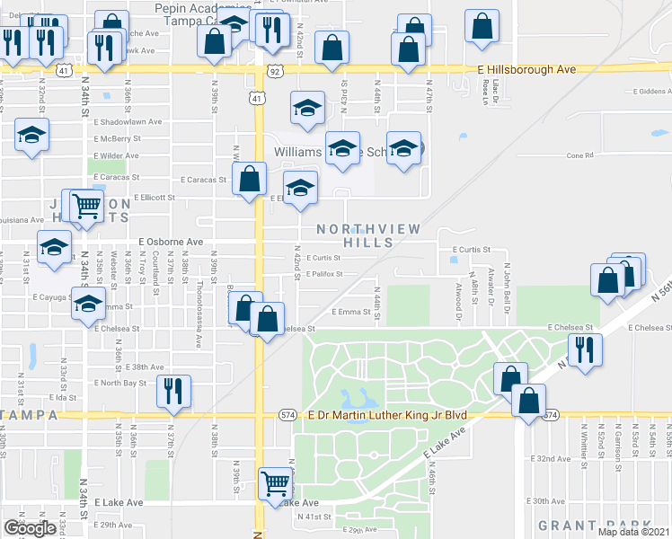 map of restaurants, bars, coffee shops, grocery stores, and more near 4226 East Cayuga Street in Tampa