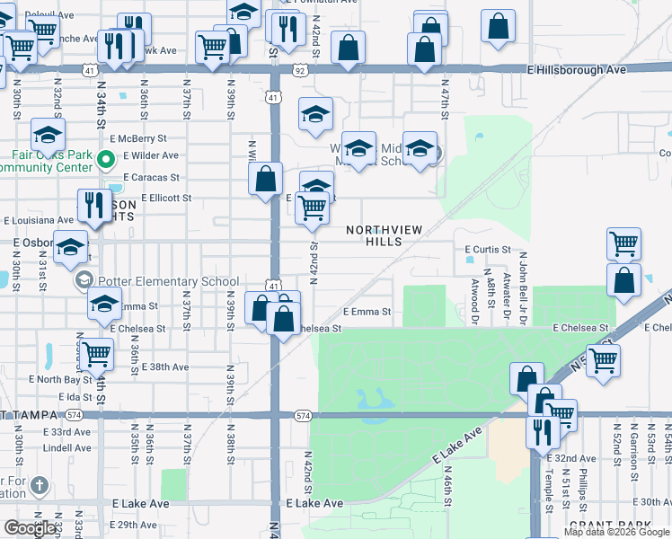 map of restaurants, bars, coffee shops, grocery stores, and more near 4210 East Cayuga Street in Tampa