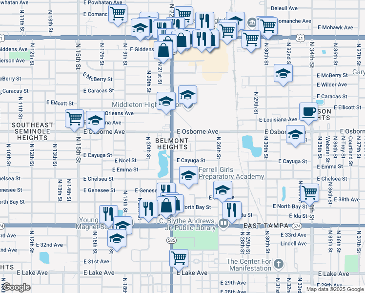 map of restaurants, bars, coffee shops, grocery stores, and more near 2263 East Osborne Avenue in Tampa