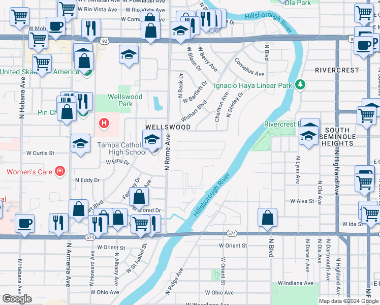 map of restaurants, bars, coffee shops, grocery stores, and more near 1532 West Park Lane in Tampa