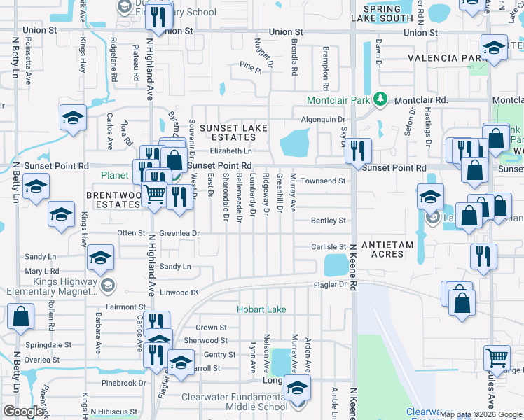 map of restaurants, bars, coffee shops, grocery stores, and more near 1810 Ridgeway Drive in Clearwater