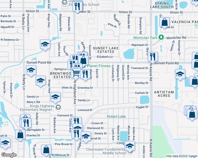 map of restaurants, bars, coffee shops, grocery stores, and more near 1816 East Drive in Clearwater