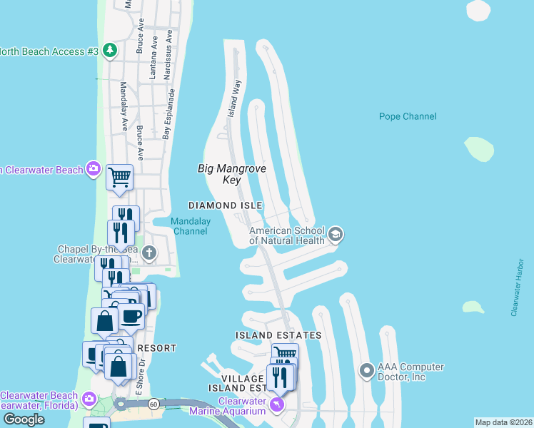map of restaurants, bars, coffee shops, grocery stores, and more near 624 Snug Island in Clearwater
