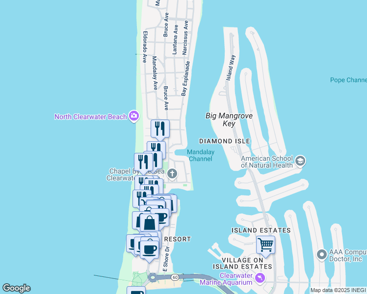 map of restaurants, bars, coffee shops, grocery stores, and more near 625 Bay Esplanade in Clearwater