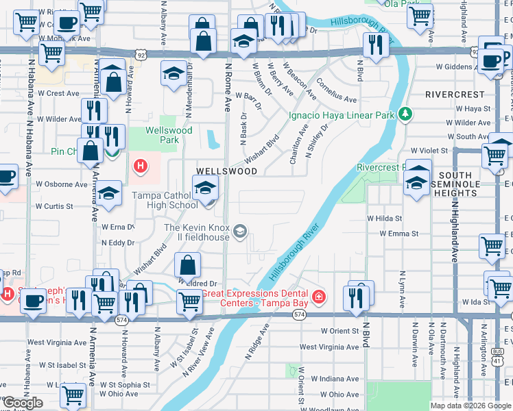 map of restaurants, bars, coffee shops, grocery stores, and more near 1532 West Park Lane in Tampa