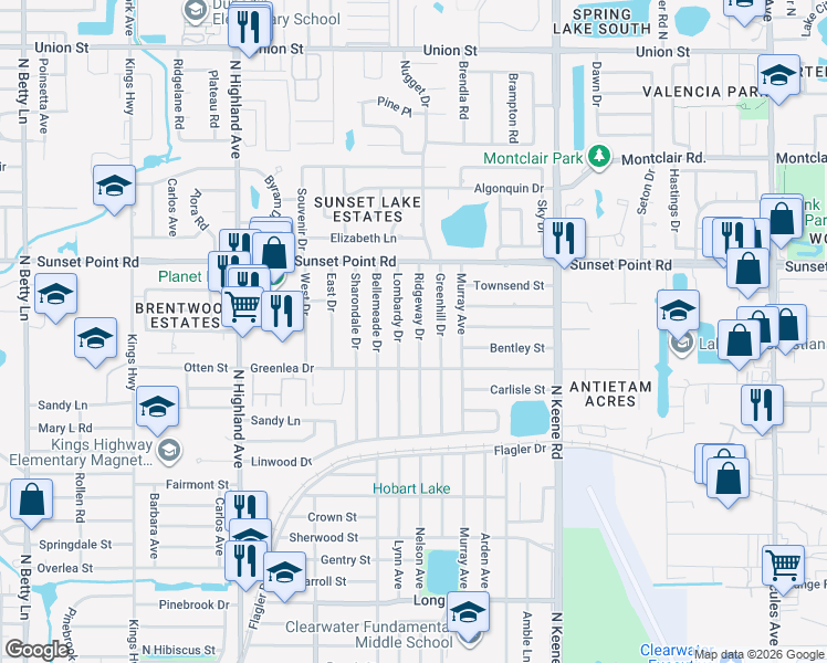 map of restaurants, bars, coffee shops, grocery stores, and more near 1810 Ridgeway Drive in Clearwater
