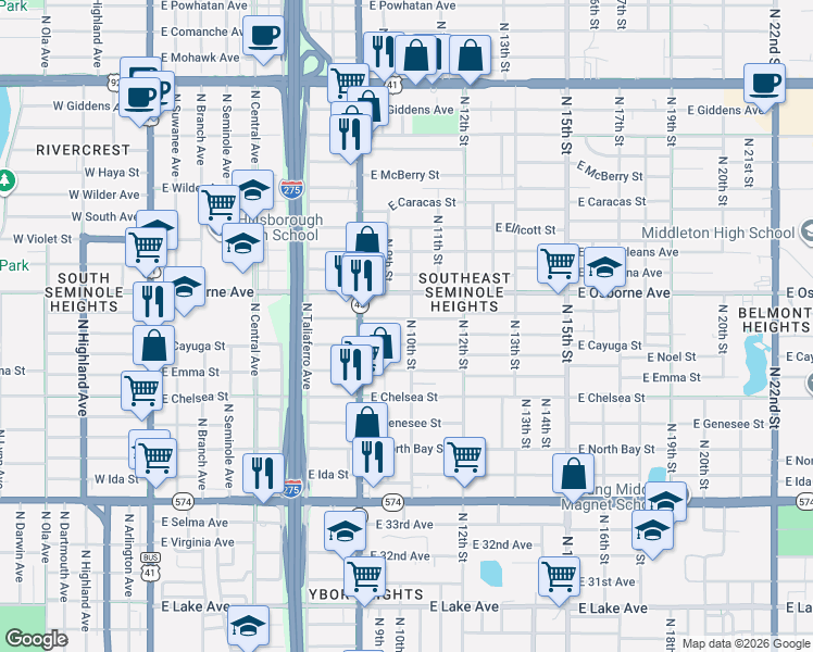 map of restaurants, bars, coffee shops, grocery stores, and more near 1002 East Cayuga Street in Tampa