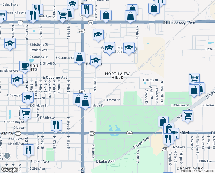 map of restaurants, bars, coffee shops, grocery stores, and more near 4224 East Palifox Street in Tampa