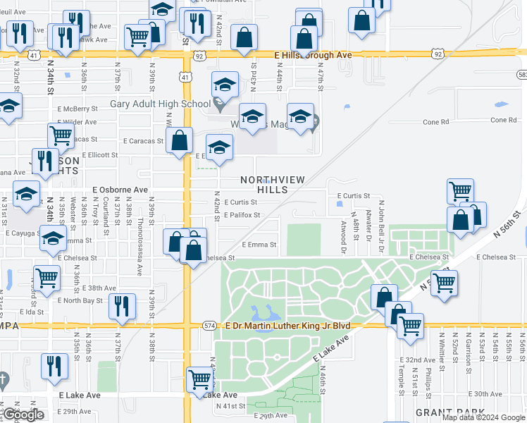 map of restaurants, bars, coffee shops, grocery stores, and more near 4236 East Palifox Street in Tampa