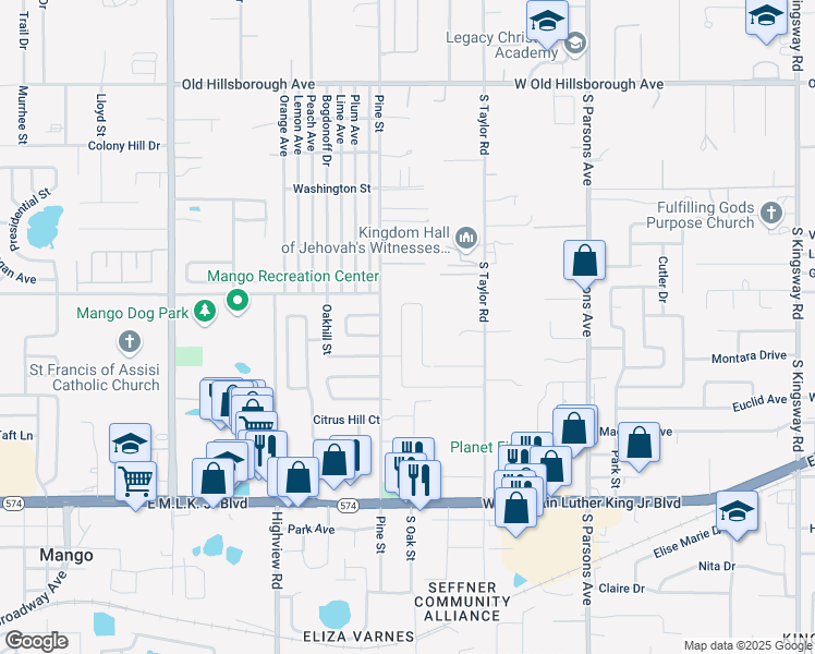map of restaurants, bars, coffee shops, grocery stores, and more near 1143 Oakhill Street in Seffner