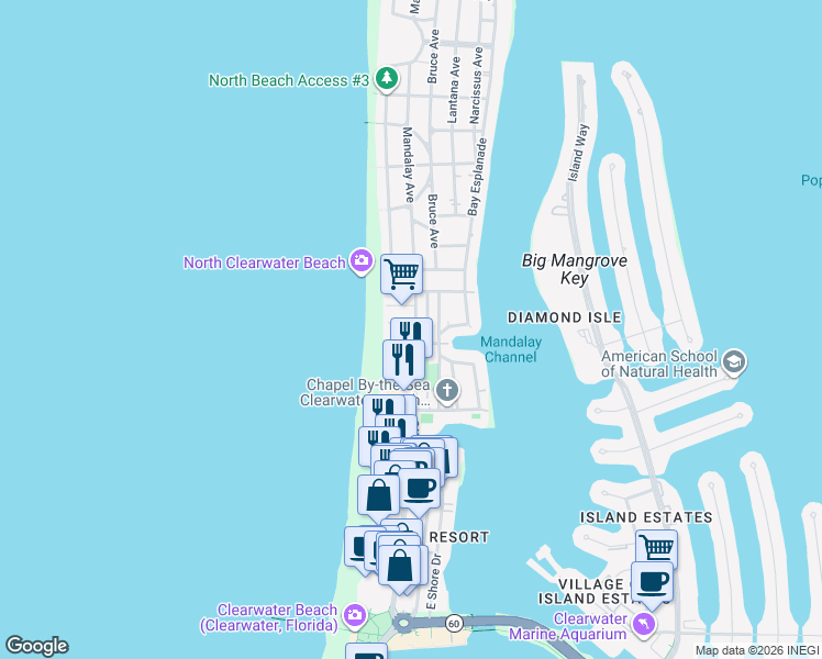 map of restaurants, bars, coffee shops, grocery stores, and more near 640 Mandalay Avenue in Clearwater