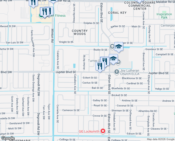 map of restaurants, bars, coffee shops, grocery stores, and more near 2990 Jupiter Boulevard Southeast in Palm Bay