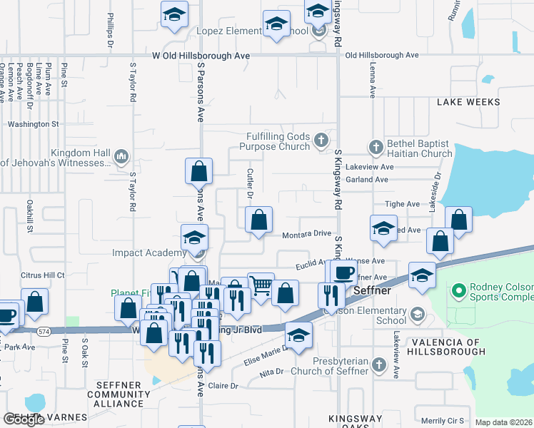 map of restaurants, bars, coffee shops, grocery stores, and more near 1016 Sagamore Drive in Seffner