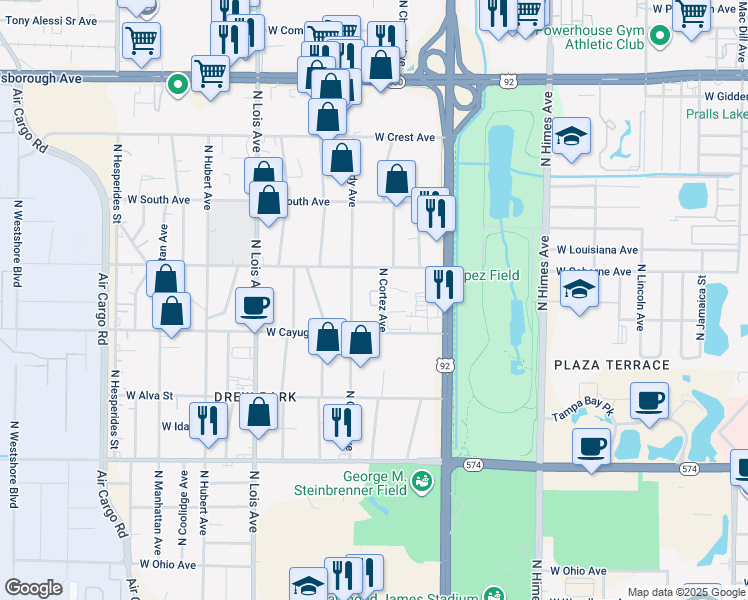 map of restaurants, bars, coffee shops, grocery stores, and more near 3909 West Cayuga Street in Tampa