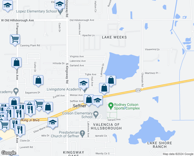 map of restaurants, bars, coffee shops, grocery stores, and more near 512 Moore Avenue in Seffner
