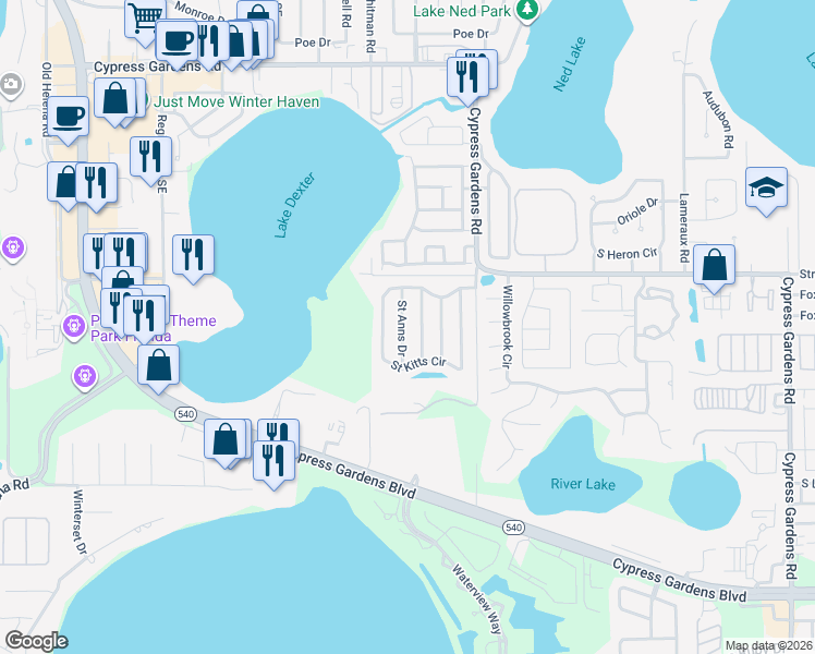 map of restaurants, bars, coffee shops, grocery stores, and more near 417 Saint Anns Drive in Winter Haven