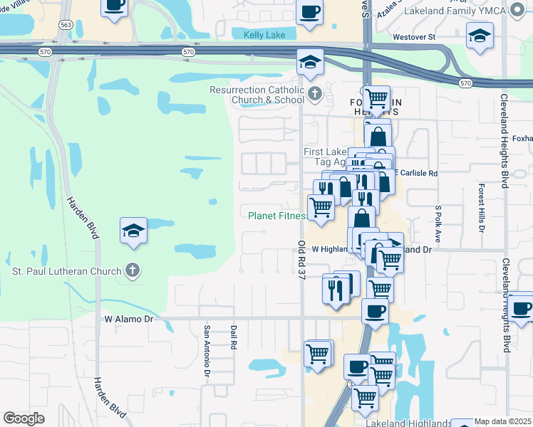 map of restaurants, bars, coffee shops, grocery stores, and more near 501 Garden Drive South in Lakeland