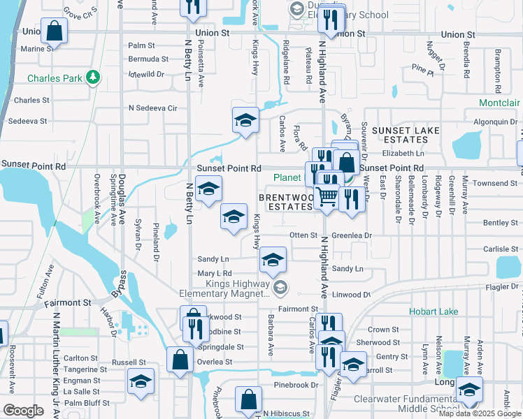 map of restaurants, bars, coffee shops, grocery stores, and more near 1824 Barbara Lane in Clearwater