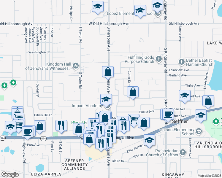 map of restaurants, bars, coffee shops, grocery stores, and more near 1004 South Parsons Avenue in Seffner