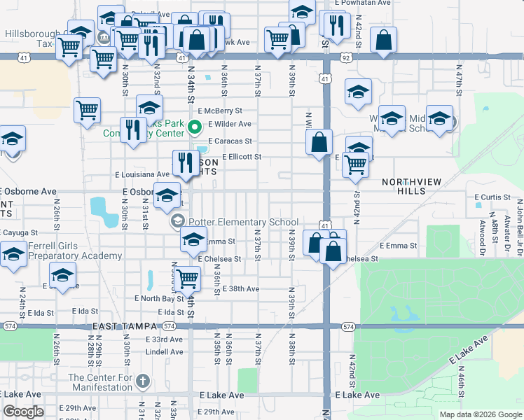 map of restaurants, bars, coffee shops, grocery stores, and more near 3801 East Osborne Avenue in Tampa
