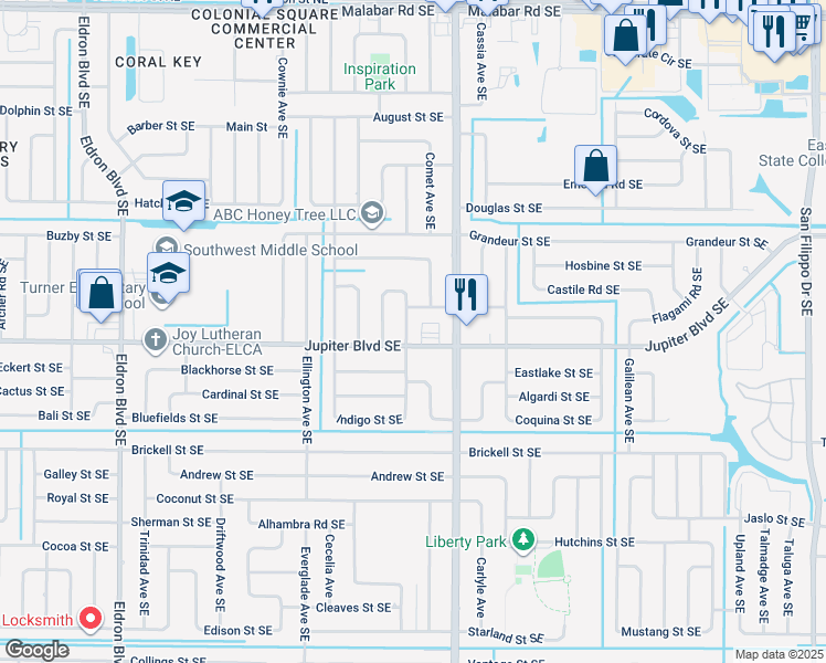 map of restaurants, bars, coffee shops, grocery stores, and more near 466 Alesio Avenue Southeast in Palm Bay