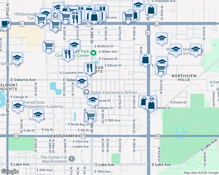 map of restaurants, bars, coffee shops, grocery stores, and more near 4616 North Troy Street in Tampa