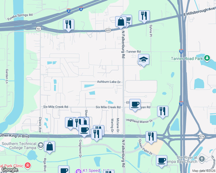 map of restaurants, bars, coffee shops, grocery stores, and more near 9932 Ashburn Lake Drive in Tampa