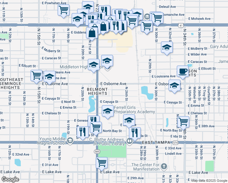 map of restaurants, bars, coffee shops, grocery stores, and more near 2401 East Osborne Avenue in Tampa