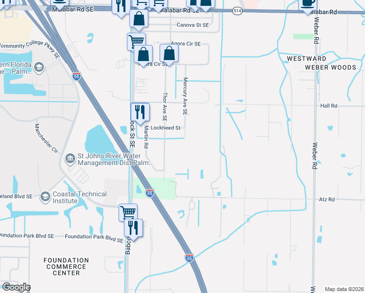 map of restaurants, bars, coffee shops, grocery stores, and more near 495 Mercury Avenue Southeast in Palm Bay
