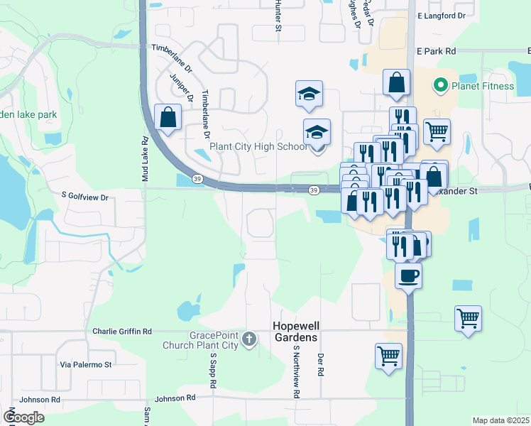 map of restaurants, bars, coffee shops, grocery stores, and more near 1001 West Alexander Street in Plant City