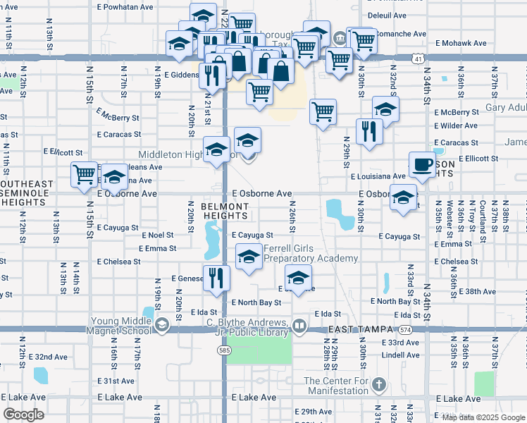 map of restaurants, bars, coffee shops, grocery stores, and more near 2401 East Osborne Avenue in Tampa