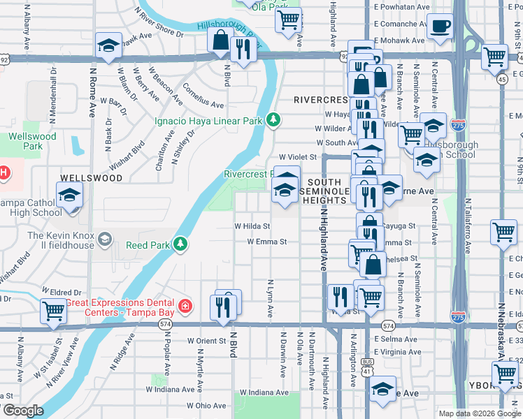 map of restaurants, bars, coffee shops, grocery stores, and more near 502 West Osborne Avenue in Tampa