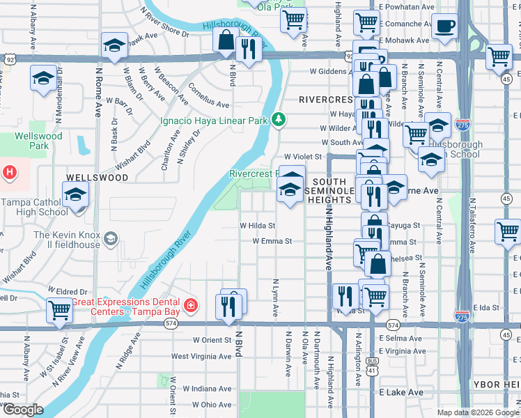 map of restaurants, bars, coffee shops, grocery stores, and more near 602 West Osborne Avenue in Tampa