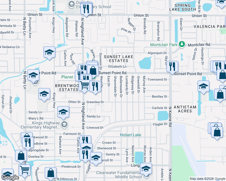 map of restaurants, bars, coffee shops, grocery stores, and more near 1841 East Drive in Clearwater